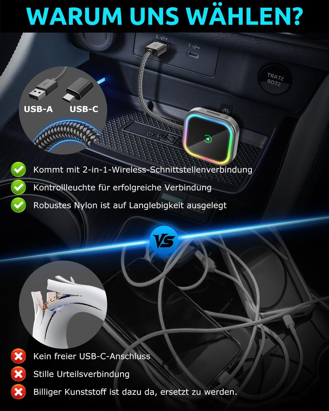 ESSGOO CarPlay Wireless Adapter für Apple,Android Auto Kabelloses Car Bluetooth WiFi Adapter USB C/A