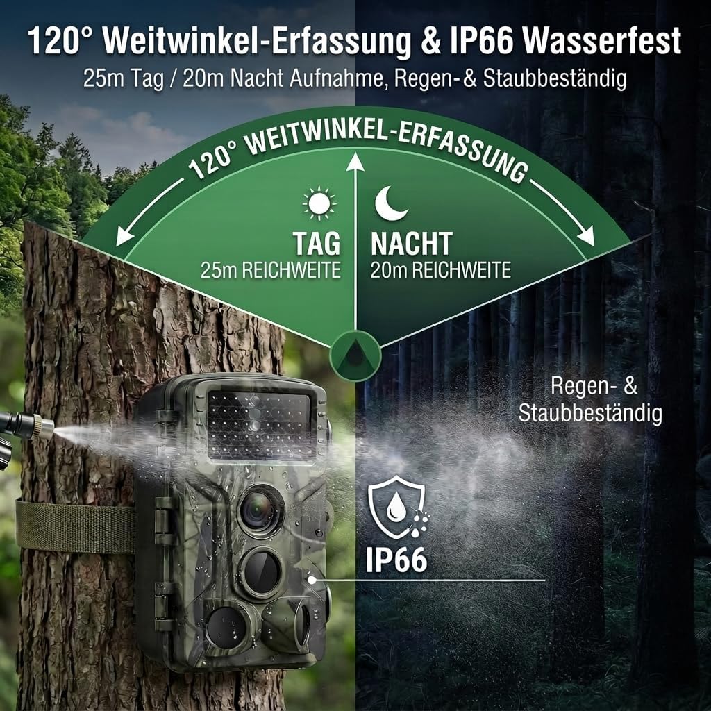 Wildkamera, 50MP 4K Wildtierkamera mit Bewegungsmelder Nachtsicht, IP65 Wasserdicht, Weitwinkel 120