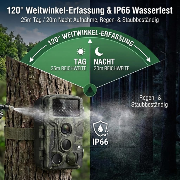 Wildkamera, 50MP 4K Wildtierkamera mit Bewegungsmelder Nachtsicht, IP65 Wasserdicht, Weitwinkel 120