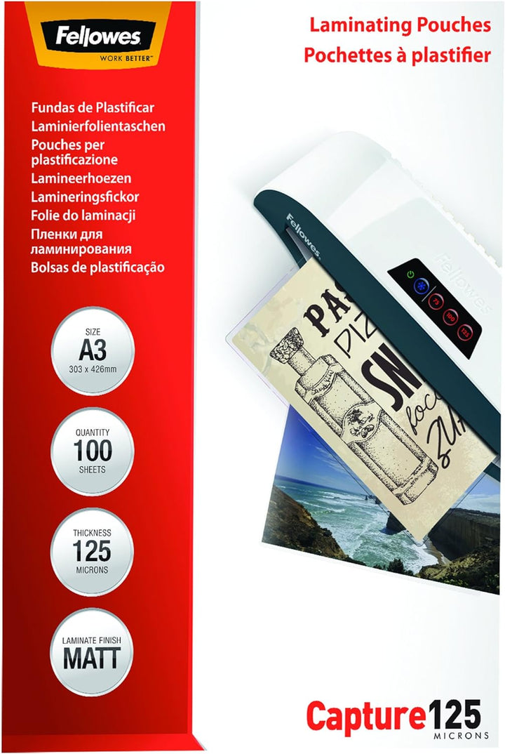 Fellowes matte Laminierfolien A3, entspiegelt, 125 Mikron (2 x 125 mic), 100 Stück A3 / 125 Mikron S