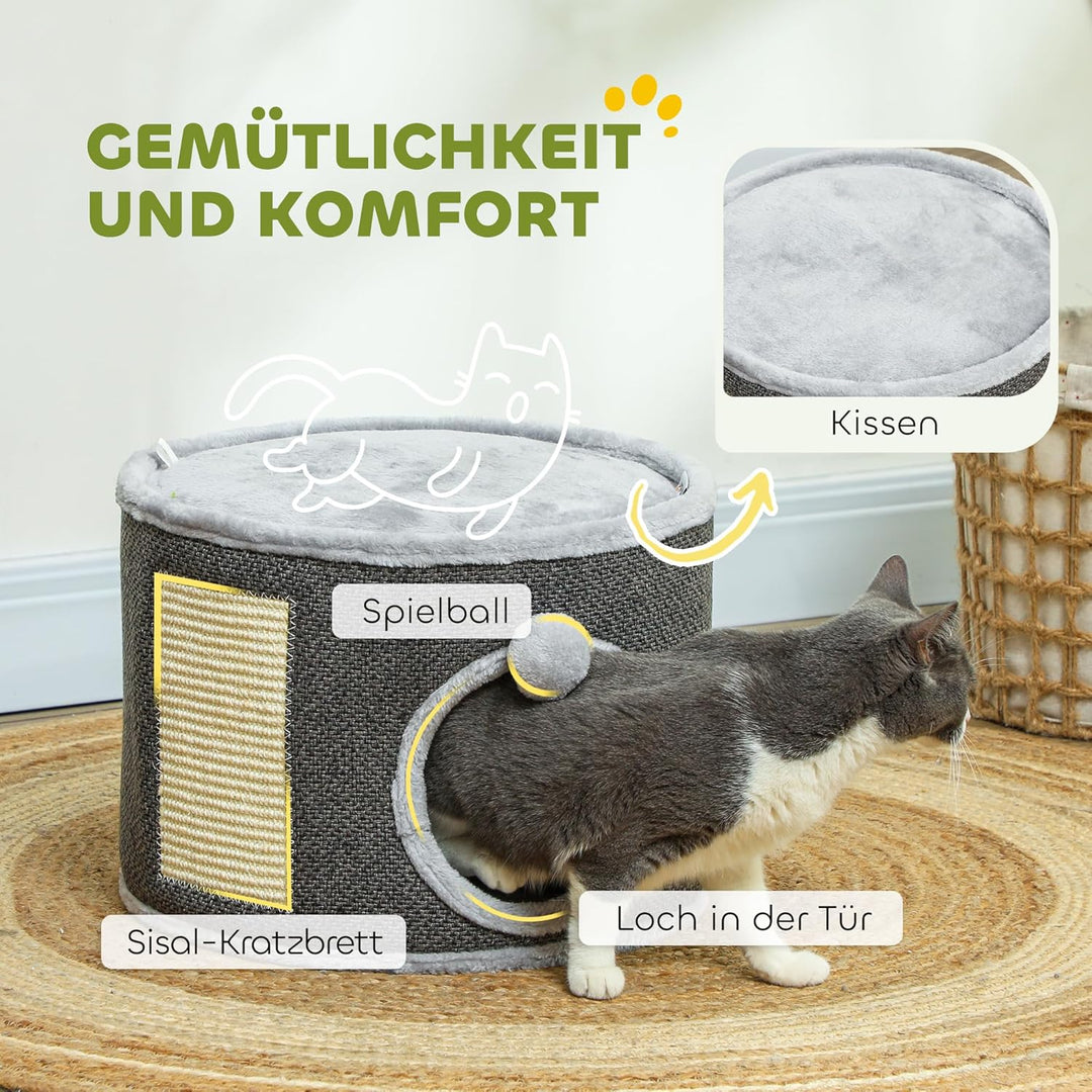 PawHut Kratztonne, 30 cm Hoch Katzentonne mit Höhle, Kratzbaum, Katzenturm aus Sisal, für Katze bis