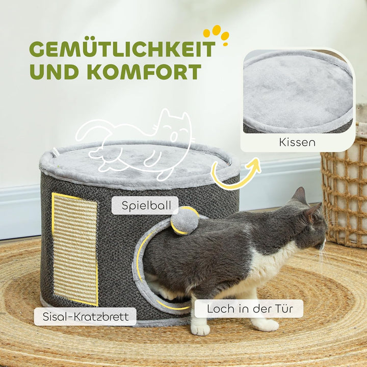 PawHut Kratztonne, 30 cm Hoch Katzentonne mit Höhle, Kratzbaum, Katzenturm aus Sisal, für Katze bis