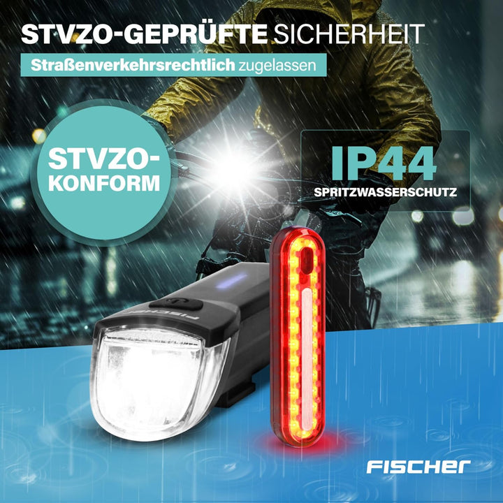 FISCHER Fahrrad-Beleuchtungsset Stop 30/15 Lux mit Bremslicht, Front- und Rückleuchte, mit Akku und