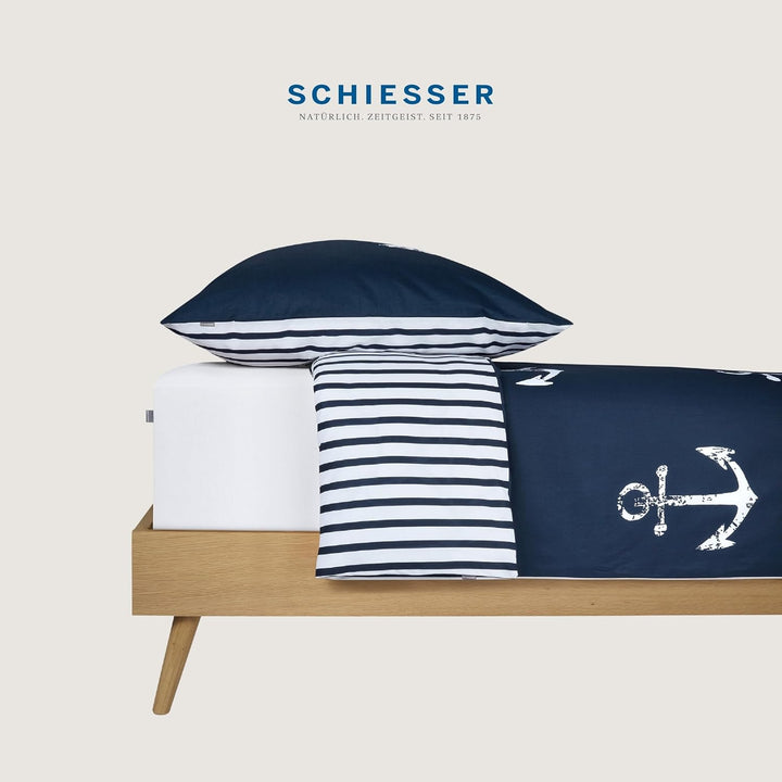 Schiesser Wende-Bettwäsche-Set Marina aus weicher Baumwolle in maritimem Look, Farbe:Marine und Weis