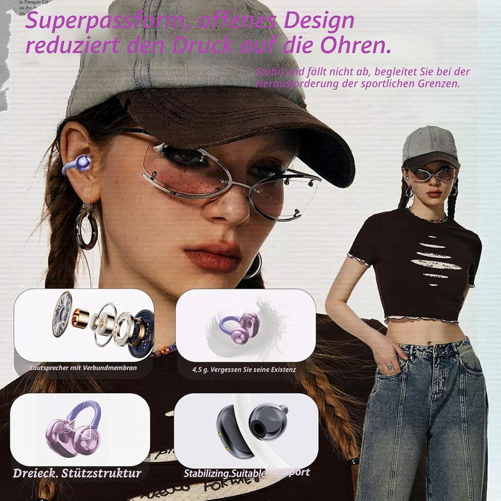 Kabellos Bluetooth Kopfhörer, Open-Ear-Kopfhörer, Ohrclip mit Beeindruckender Klang, Bluetooth 5,4,
