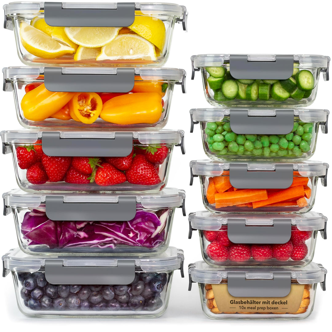 Aufbewahrungsbox Glas Lebensmittel - [10er Pack] Lunchboxen für Gesunde Mahlzeiten mit Luftdichten D