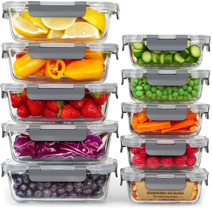 Aufbewahrungsbox Glas Lebensmittel - [10er Pack] Lunchboxen für Gesunde Mahlzeiten mit Luftdichten D