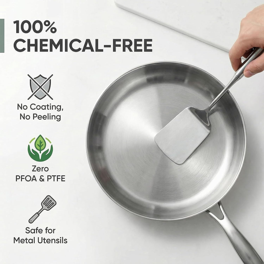 Pfanne Edelstahl Bratpfanne Edelstahlpfanne Metallgriff, Gleichmässige Wärmeleitung, Universelle Küc
