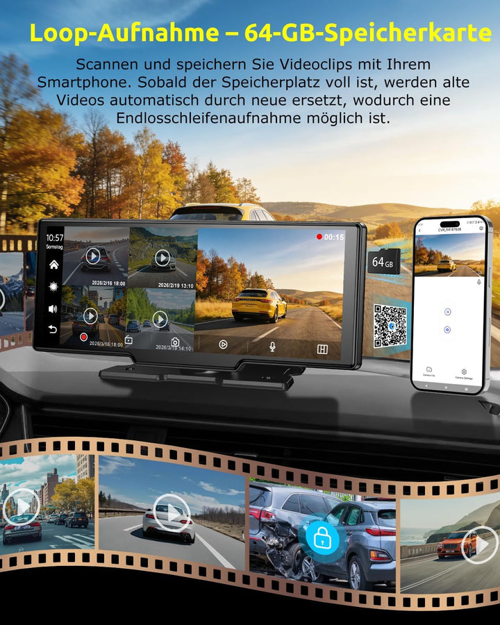 ESSGOO 10.26 Zoll Kabelloses CarPlay Display mit 4K Dashcam,1080P Rückfahrkamera &amp; 4 Reifendruckkont
