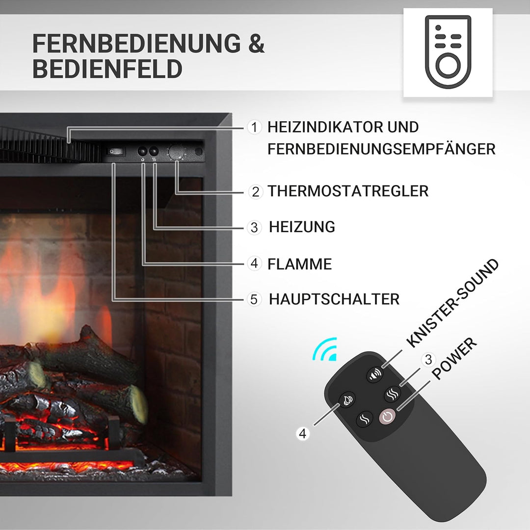 RICHEN Calida 26'' Elektrokamin - Elektrischer Einbaukamin mit Heizung 1000/2000 W, realistischer 3D
