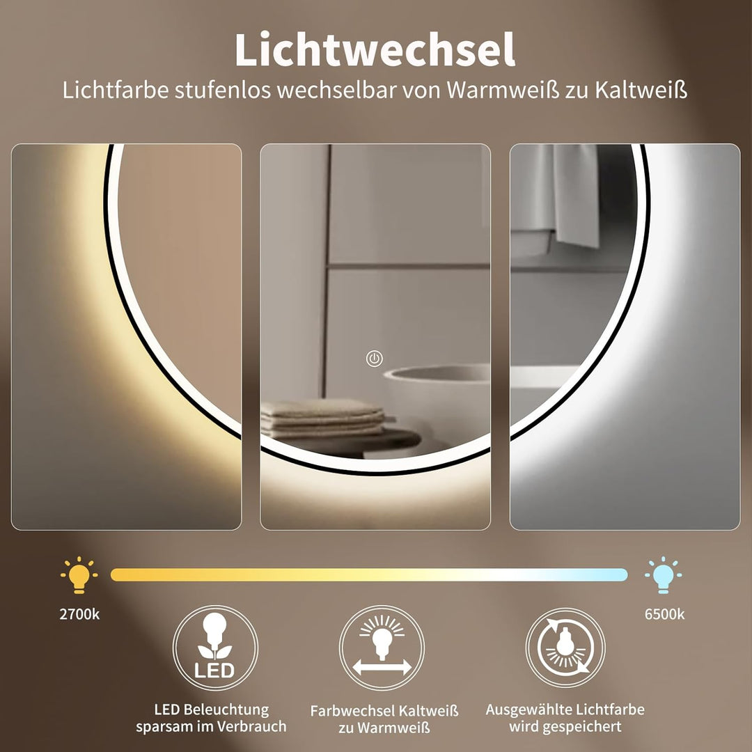 HOKO Design Badspiegel rund 80 cm Amsterdam mit Energiesparend LED Beleuchtung und Metall Rahmen Sch