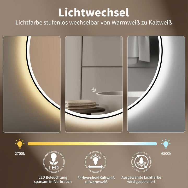 HOKO Design Badspiegel rund 80 cm Amsterdam mit Energiesparend LED Beleuchtung und Metall Rahmen Sch