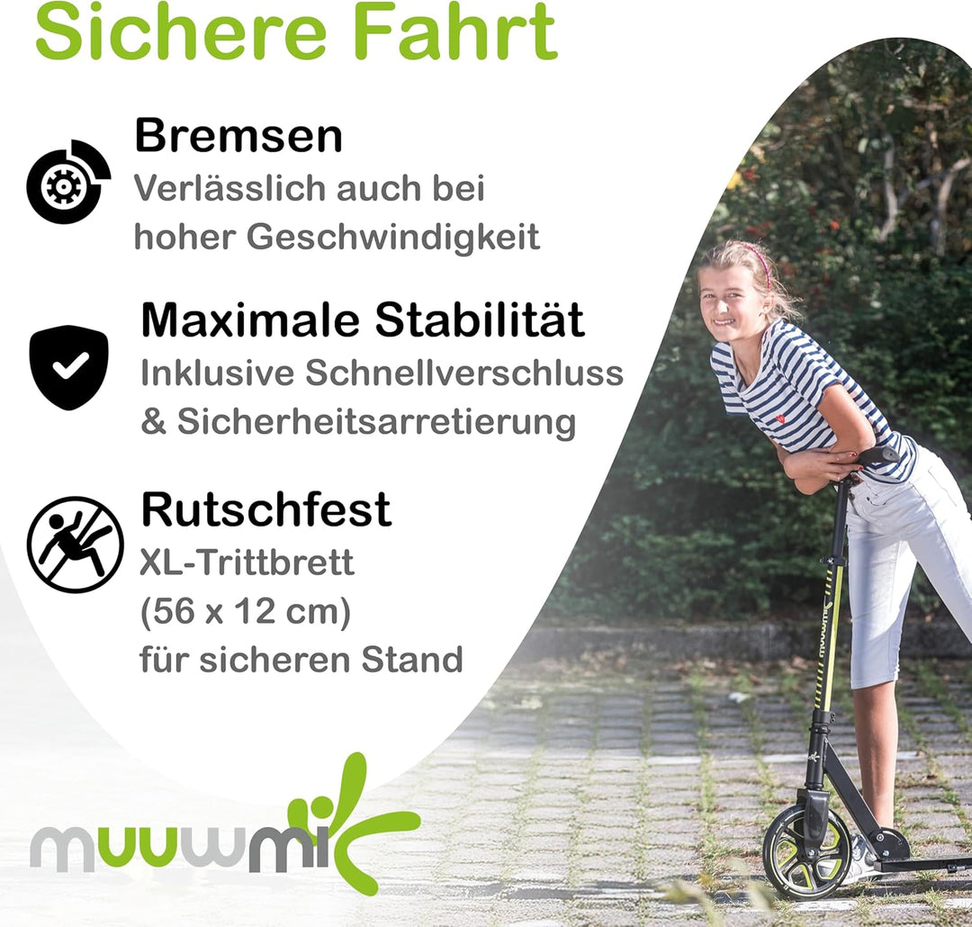 muuwmi Aluminium Scooter Pro – Tretroller, 215 mm, ABEC 7, für Kinder und Erwachsene, GS-geprüft, hö
