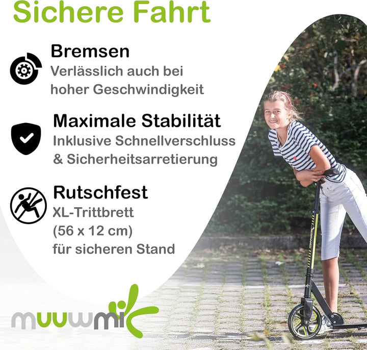muuwmi Aluminium Scooter Pro – Tretroller, 215 mm, ABEC 7, für Kinder und Erwachsene, GS-geprüft, hö