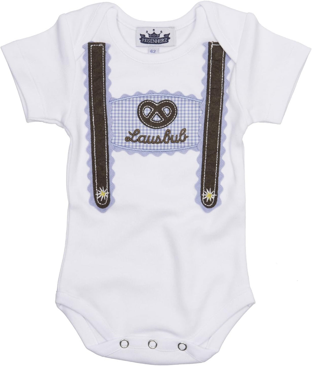 Trachten Set für Lausbuben in Grösse 74, bestehend aus Baby Body mit kurzem Arm und Applikation Hose