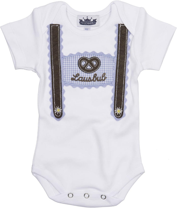 Trachten Set für Lausbuben in Grösse 74, bestehend aus Baby Body mit kurzem Arm und Applikation Hose