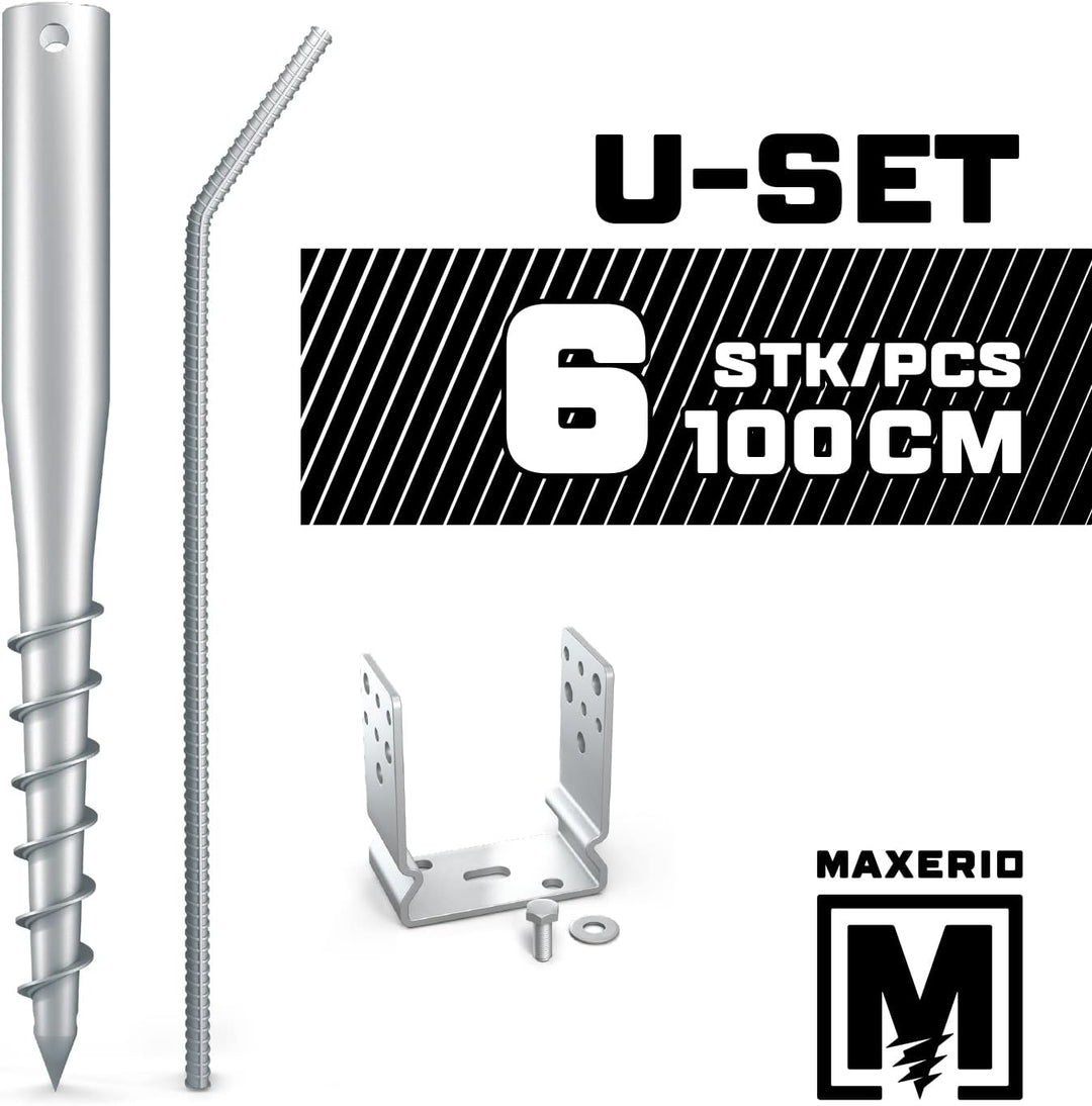 Maxerio 100 cm U-Set 6er Schraubfundamente inkl. 121 mm Pfostenträger; Ø 60 x 2; M12 6er U-Set 12cm,