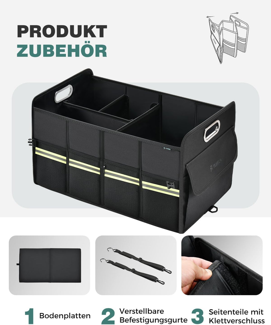 FLORICH Kofferraum Organizer mit Fächern Faltbare 63L Premium Kofferraumbox stabil Rutschfest Wasser