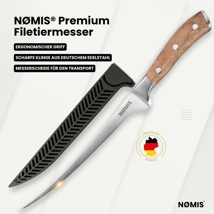 NØMIS Premium Filetiermesser Fisch | Filitiermesser scharf Fisch | Fischmesser | 18,5 cm Klinge aus