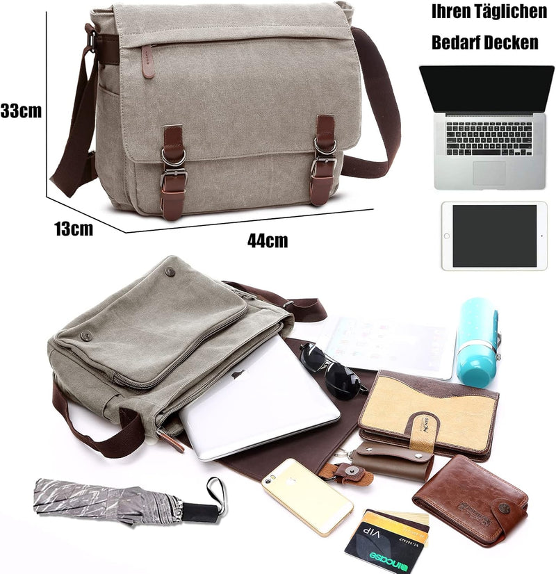 CALIYO Umhängetaschen Herren aus Canvas Schultasche Queformat A4 Laptoptasche für 15,6 Zoll Laptop A