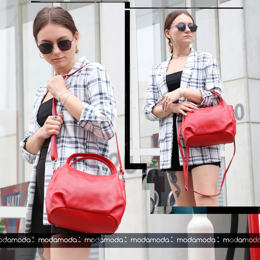 modamoda de - T218 - ital. Damen Henkeltasche Klein Leder Bordeauxrot Dunkel, Bordeauxrot Dunkel