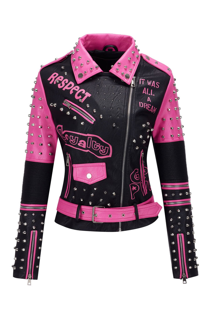 Giolshon Damen Kunstleder Jacke Nieten Floral Moto Biker Kurzer Revers Mantel 3XL 0376_Rosa, 3XL 037