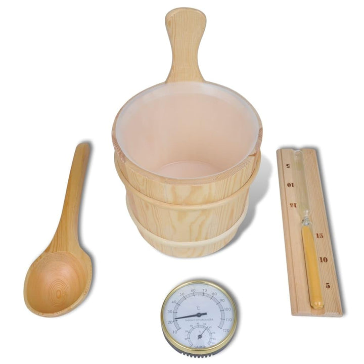 5-tlg. Saunazubehör Set mit Eimer und Löffel aus Holz Sanduhr Thermo-Hygrometer zur Messung von Temp