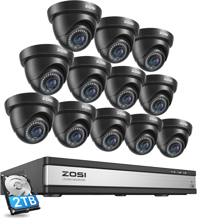 ZOSI 16CH 1080P Überwachungskamera Set mit 2TB HDD DVR und 12X 2MP Dome Kamera Überwachung Aussen Sy