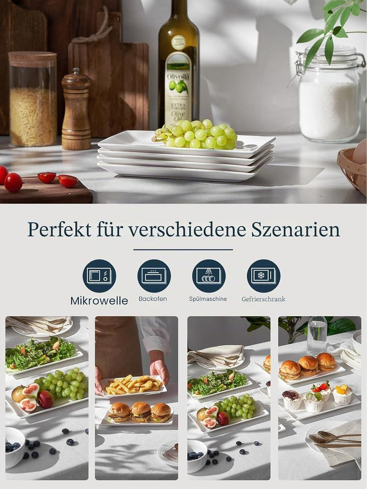 DOWAN Servierplatte Porzellan, 24,6 x 13,7 cm Servierplatten Rechteckig 4 Stück, Grosse Weisse Desse