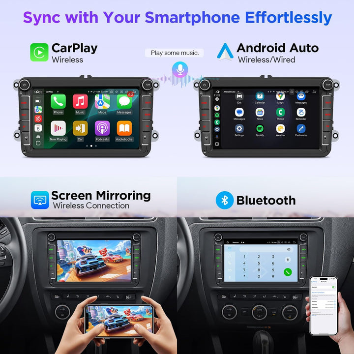 XTRONS Android 14 Autoradio für VW T5 Golf 5 6 Passat B7 Polo, 8 Zoll QLED Touchscreen Qualcomm Octa