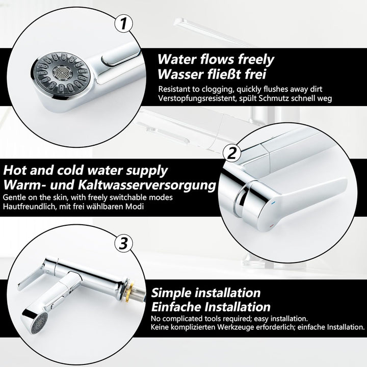 Waschtischarmatur ausziehbar mit Brause, Moderne Wasserhahn Bad Armatur mit 2 Strahlarten, Badarmatu