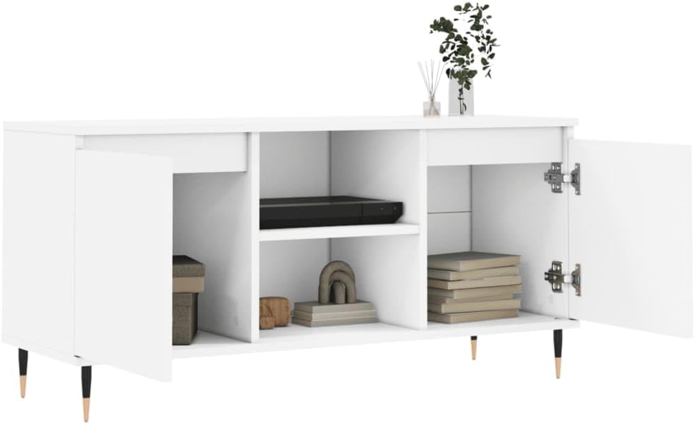 TV-Schrank weiss 104 x 35 x 50 cm aus mehrschichtigem Holz und Eisen – Konsolenschrank mit Türen und