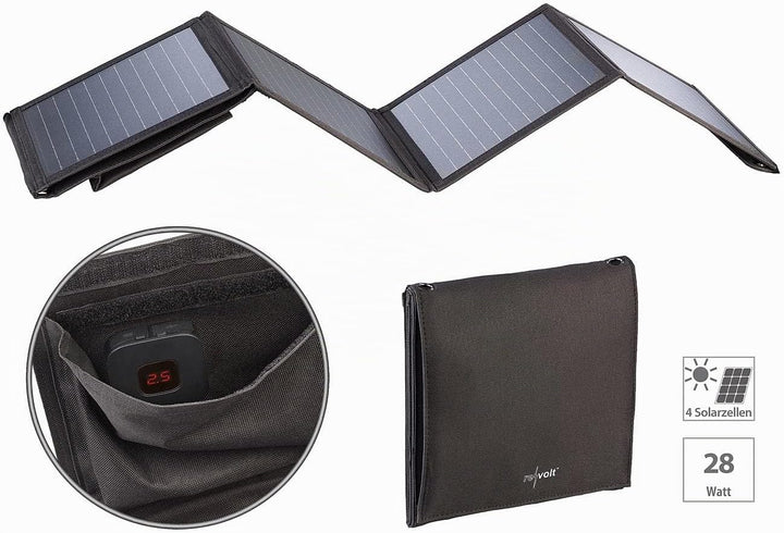 revolt Solarpanel faltbar: 28-Watt-Solar-Ladegerät mit 2 USB-Anschlüssen (5V/4,8A), faltbar, IPX4 (S