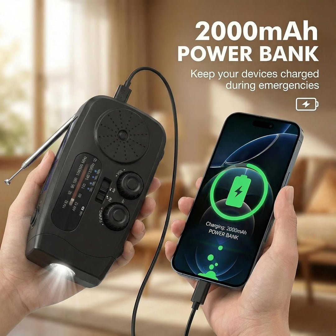 Notfall Kurbelradio Solar Radio mit Powerbank & Taschenlampe, 2000mAh Akku 3-Wege-Laden SOS Alarm, K