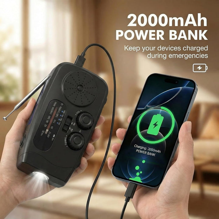 Notfall Kurbelradio Solar Radio mit Powerbank & Taschenlampe, 2000mAh Akku 3-Wege-Laden SOS Alarm, K