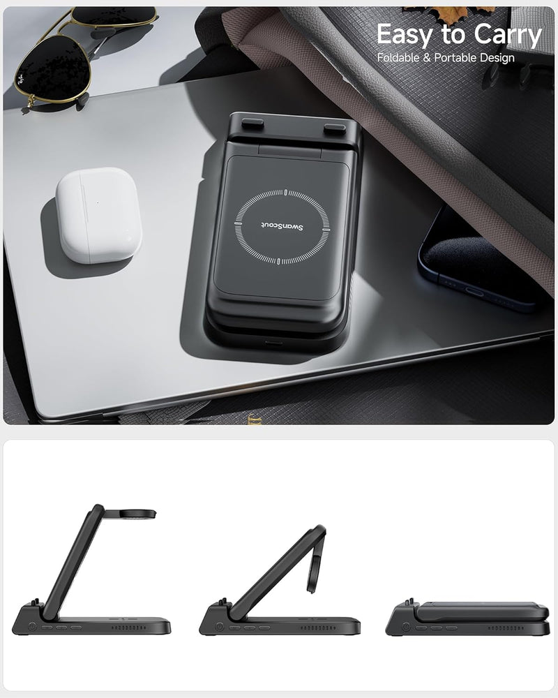 SwanScout Induktive Ladestation für Apple, 4 in 1 Faltbares Wireless Charger für i Phone 15/14/13/12