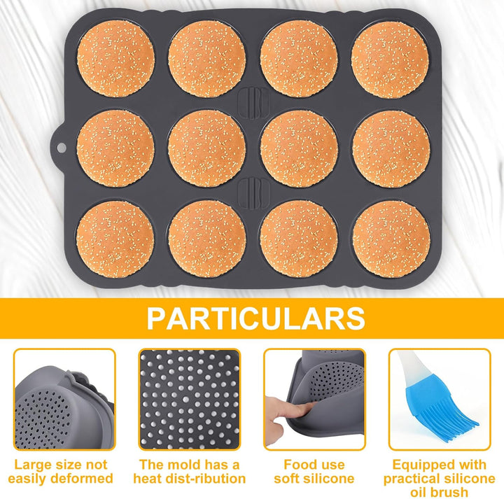 Burger Buns Backform Silikon, 12 Loch Form FüR HamburgerbröTchen Antihaft BröTchen Backform Rund 8Cm