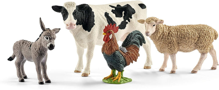 schleich 42385 FARM WORLD Starter-Set inkl. 4 schleich Bauernhoftiere: Kuh, Schaf, Esel & Hahn, Tier