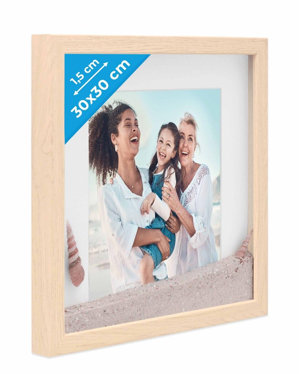 PHOTOLINI 3D Bilderrahmen zum Befüllen 30x30 Natur gross, 1,5 cm tiefer Objektrahmen mit Glas, tiefe