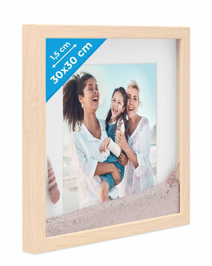 PHOTOLINI 3D Bilderrahmen zum Befüllen 30x30 Natur gross, 1,5 cm tiefer Objektrahmen mit Glas, tiefe