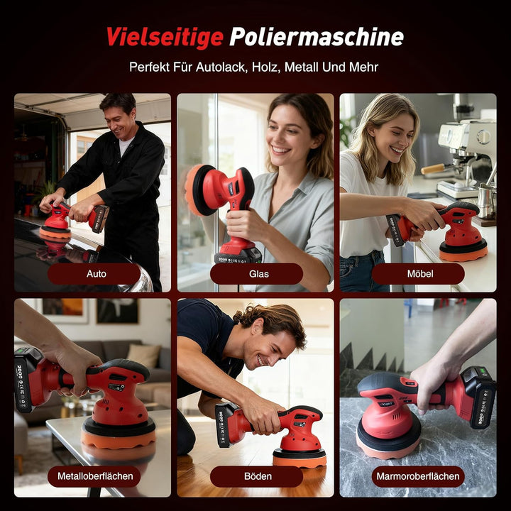 2025 Poliermaschine Auto Akku, 2x4000mAh Batterie (Bis zu 6000 U/min) Poliermaschine Auto, 6'' Autop