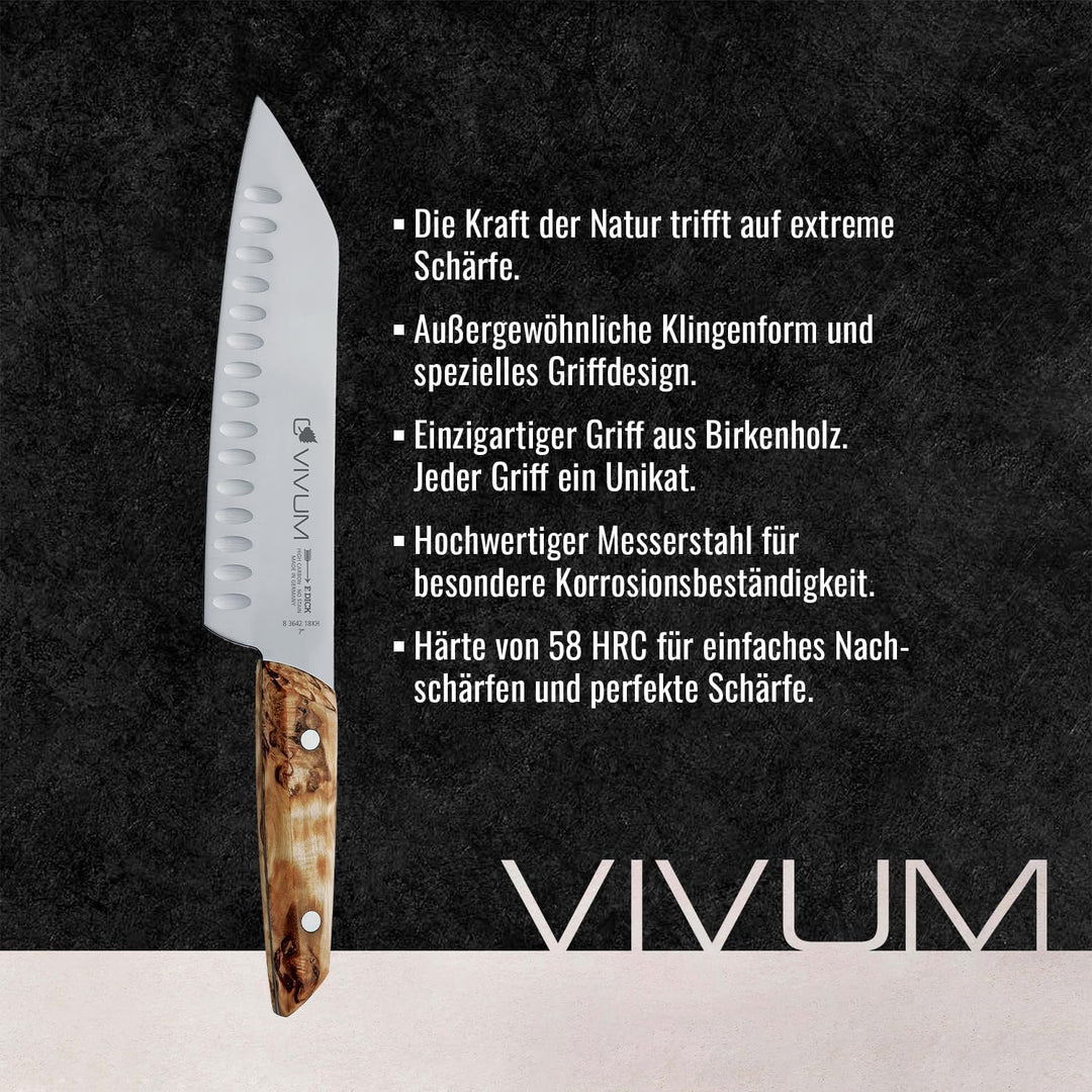 F. DICK Santoku VIVUM 18 cm - rostfrei, Klinge extra scharf, 58 HRC, Kullenschliff Kochmesser Birken
