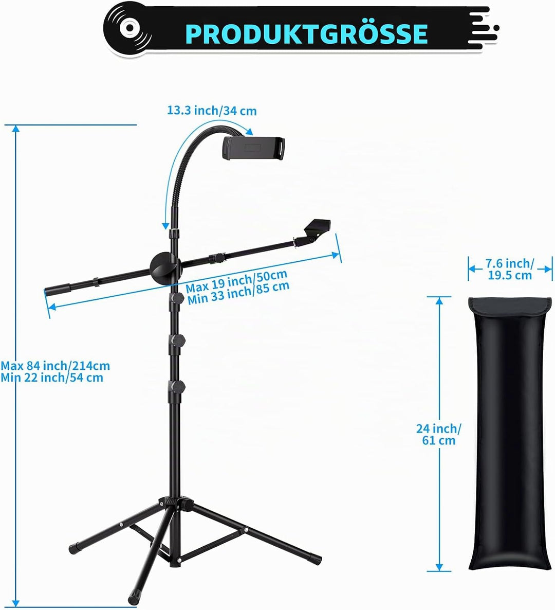 K KASONIC Mikrofonständer mit Tablet- und Telefonhalter, Verstellbarer Stativ-Boom-Mikrofonständer f