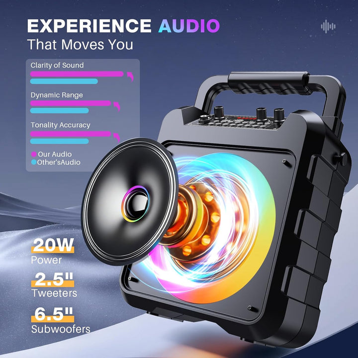 Dislocati Karaoke Maschine mit 2 Wireless Mikrofonen - 20W Tragbarer Party-Lautsprecher, LED-Lichtsh