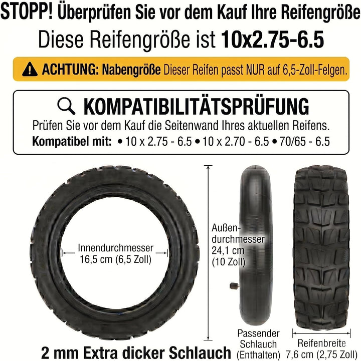 10 Zoll 10x2.75-6.5 Offroad Reifen und 2mm Verdickter Schlauch, All-Terrain E-Scooter Ersatzreifen k