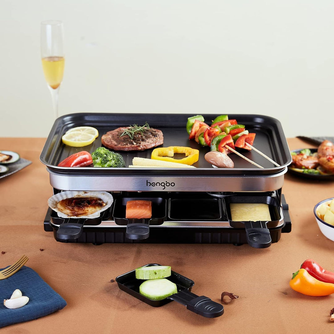 Raclette Grill 8 Personen Grillplatte Antihaftbeschichtet, Raclette mit 8 Mini Raclette Pfännchen &