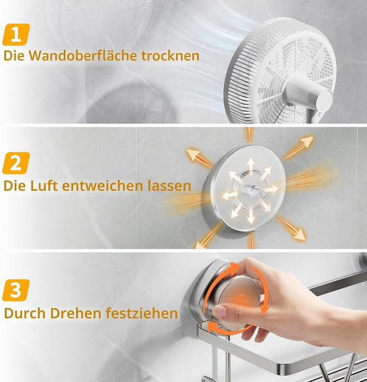 ZUNTO Duschablage Saugnapf 3 Körbe Silber, Edelstahl | Duschregal mit Saugnapf &amp; Klebekraft, ohne Bo