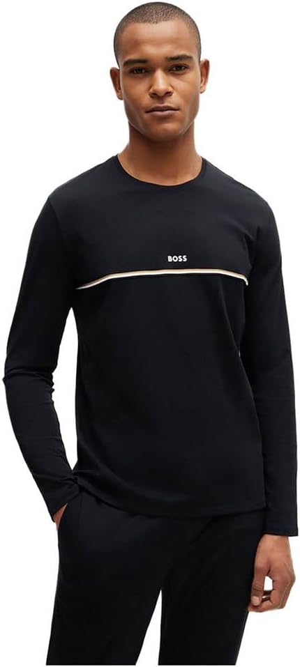 BOSS Herren Unique LS-Shirt Pyjama-Shirt aus Stretch-Baumwolle mit Signature-Streifen und Logo L Bla