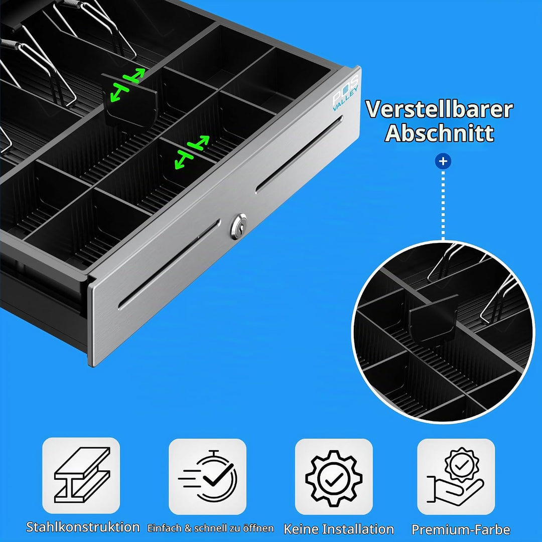 Kassenschublade Push - Druckknopf Öffnung, mit 8 Münzfach und 4 Scheinfach (euro), Abschliessbar - K