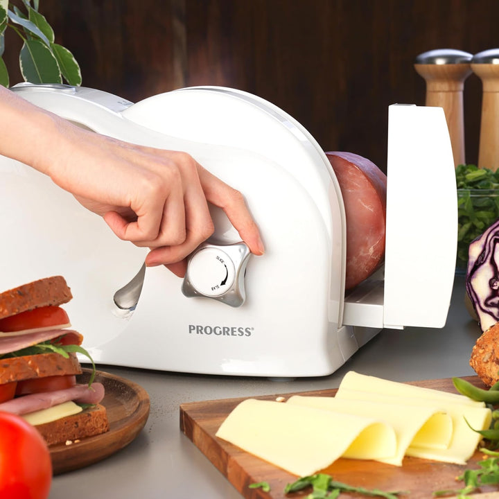 Progress Elektrischer Allesschneider – 150W Fleisch-, Brot- & Käseschneider, Einstellbare Schnittstä